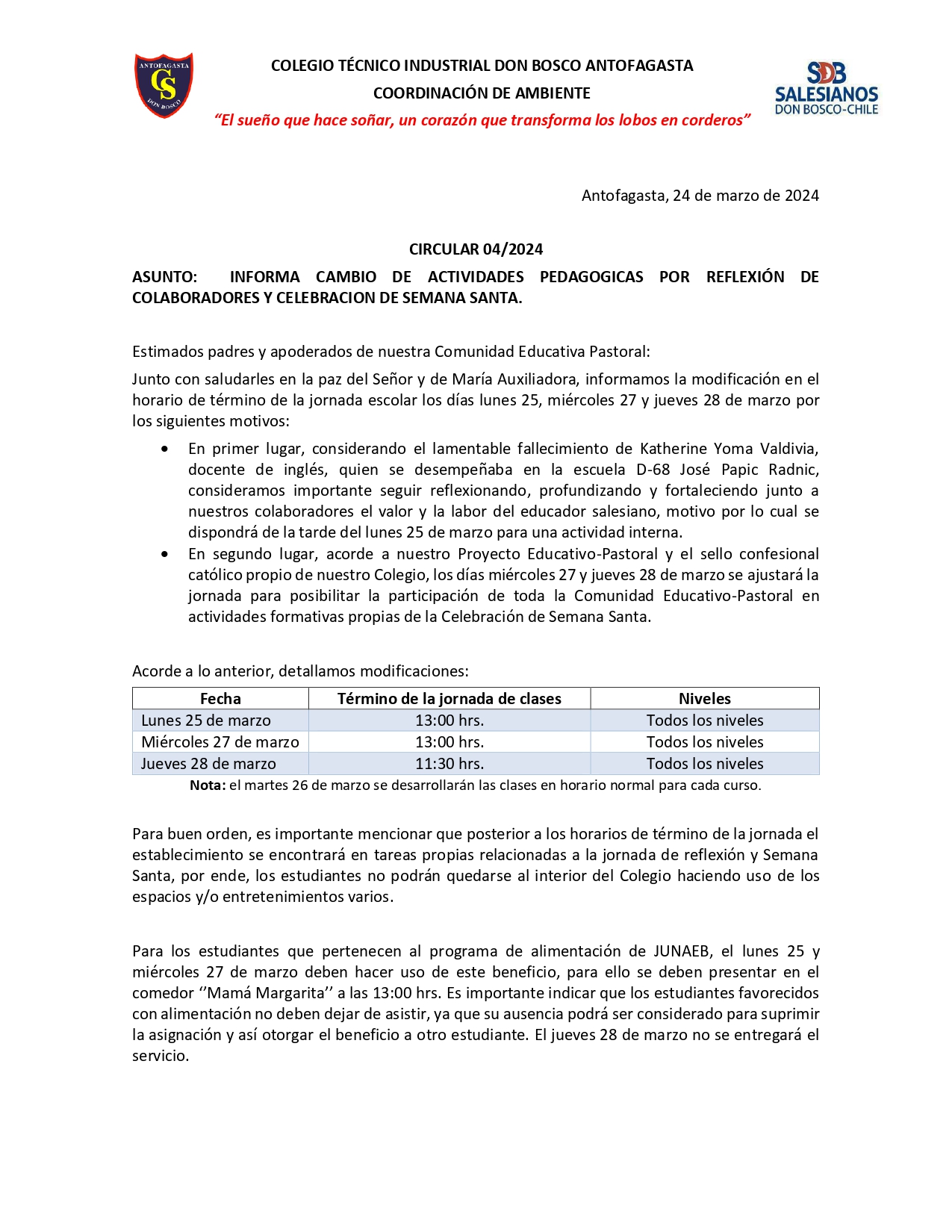 Circular 04 2024 INFORMA CAMBIO DE ACTIVIDADES PEDAGOGICAS POR REFLEXIÓN DE COLABORADORES Y CELEBRACION DE SEMANA SANTA page 0001