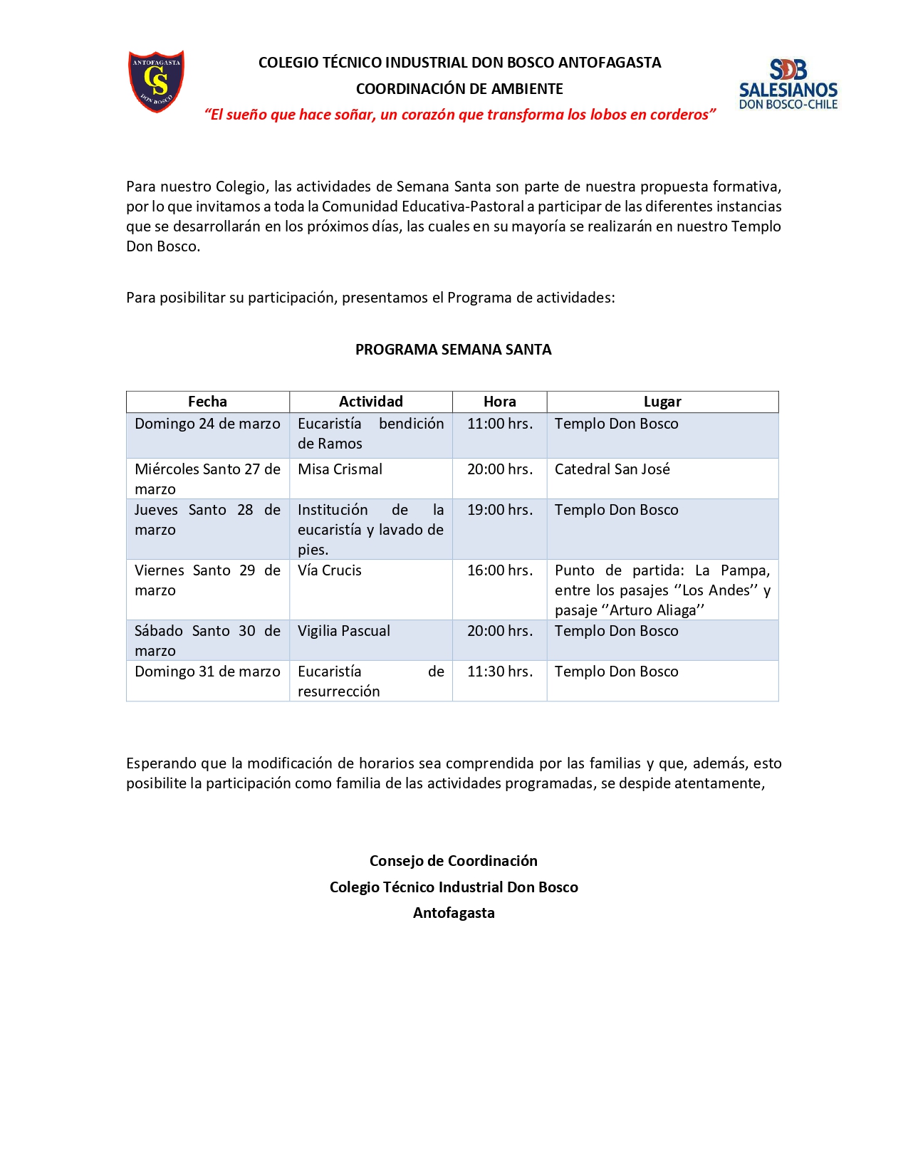 Circular 04 2024 INFORMA CAMBIO DE ACTIVIDADES PEDAGOGICAS POR REFLEXIÓN DE COLABORADORES Y CELEBRACION DE SEMANA SANTA page 0002