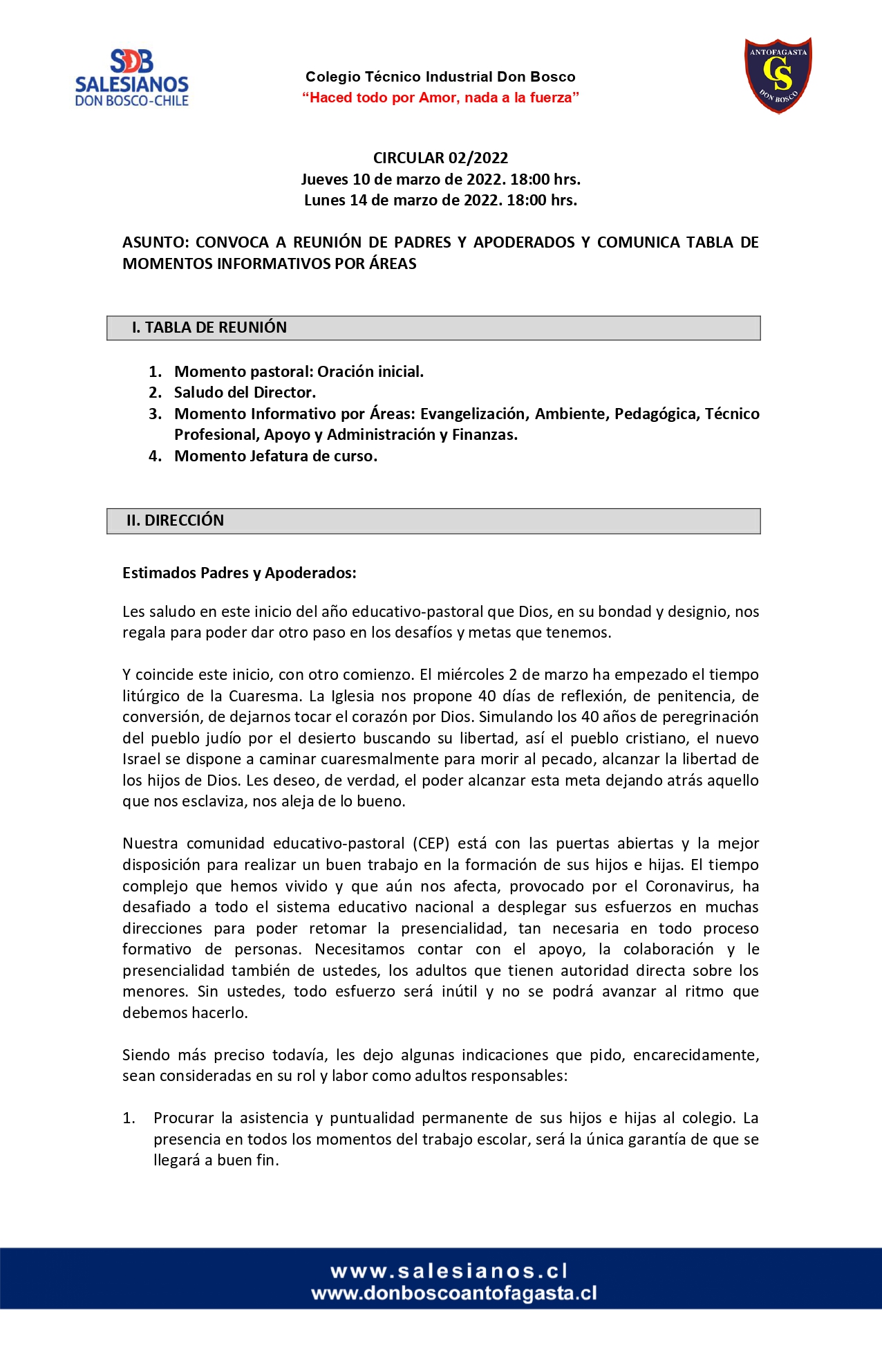CIRCULAR Nº2 2022 INFORMA REUNIÓN DE PADRES Y APODERADOS 10 Y 14 DE MARZO DE 2022. page 0001