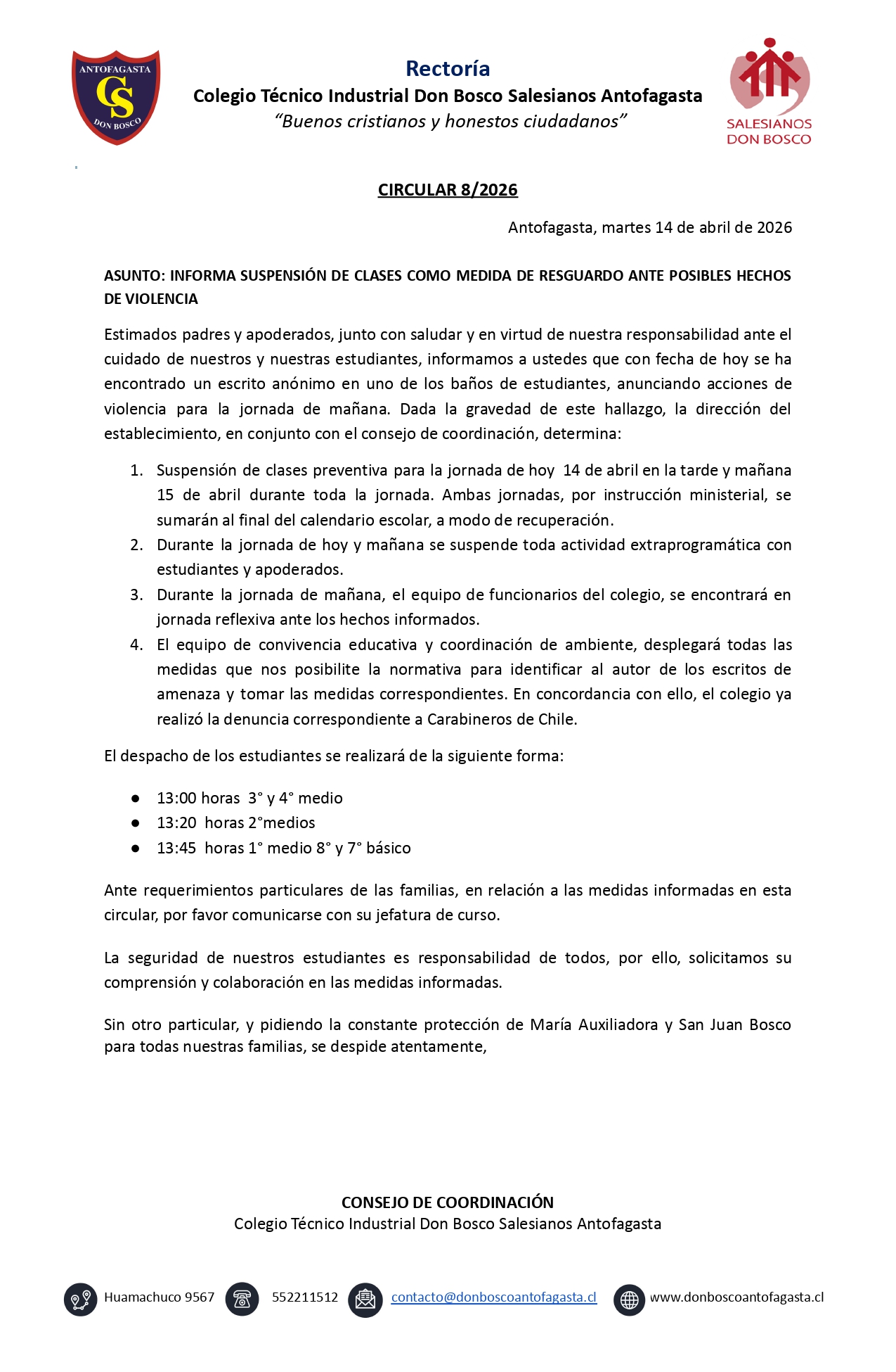 Circular 08 2026 INFORMA SUSPENSION DE CLASES COMO MEDIDA DE RESGUARDO ANTE POSIBLES HECHOS DE VIOLENCIA.docx page 0001
