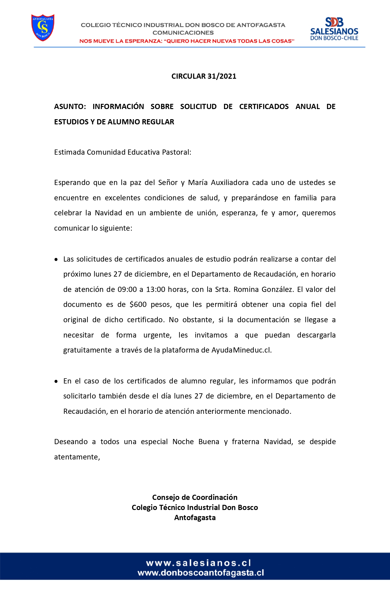 CIRCULAR Nº31 INFORMA SOBRE SOLICITUD DE CERTIFICADOS ANUAL DE ESTUDIOS Y DE ALUMNO REGULAR page 0001