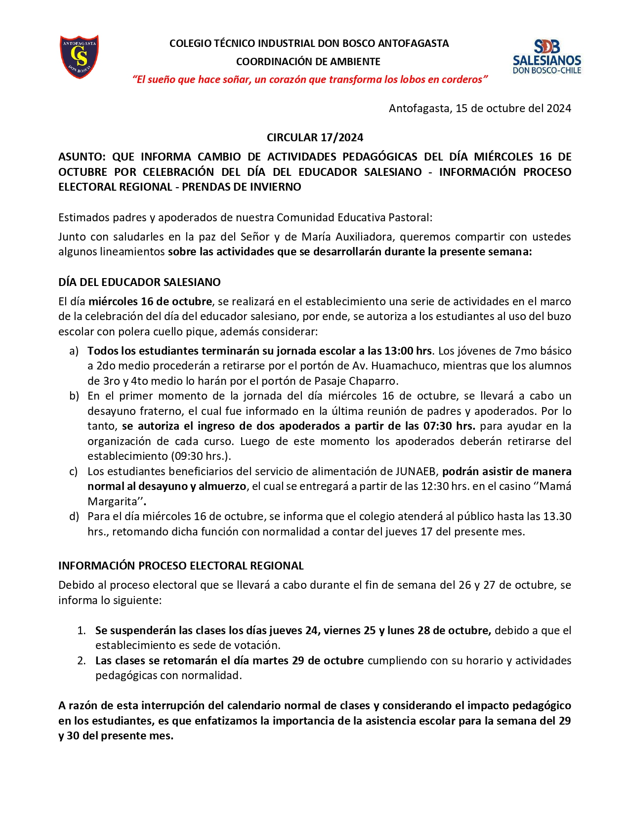 Circular 17 2024 QUE INFORMA CAMBIO DE ACTIVIDADES PEDAGÓGICAS MIÉRCOLES 16 DE OCTUBRE POR CELEBRACIÓN DEL DÍA DEL EDUCADOR SALESIANO INFORMACIÓN PROCESO ELECTORAL REGIONAL PRENDAS DE INVIERNO page 0001