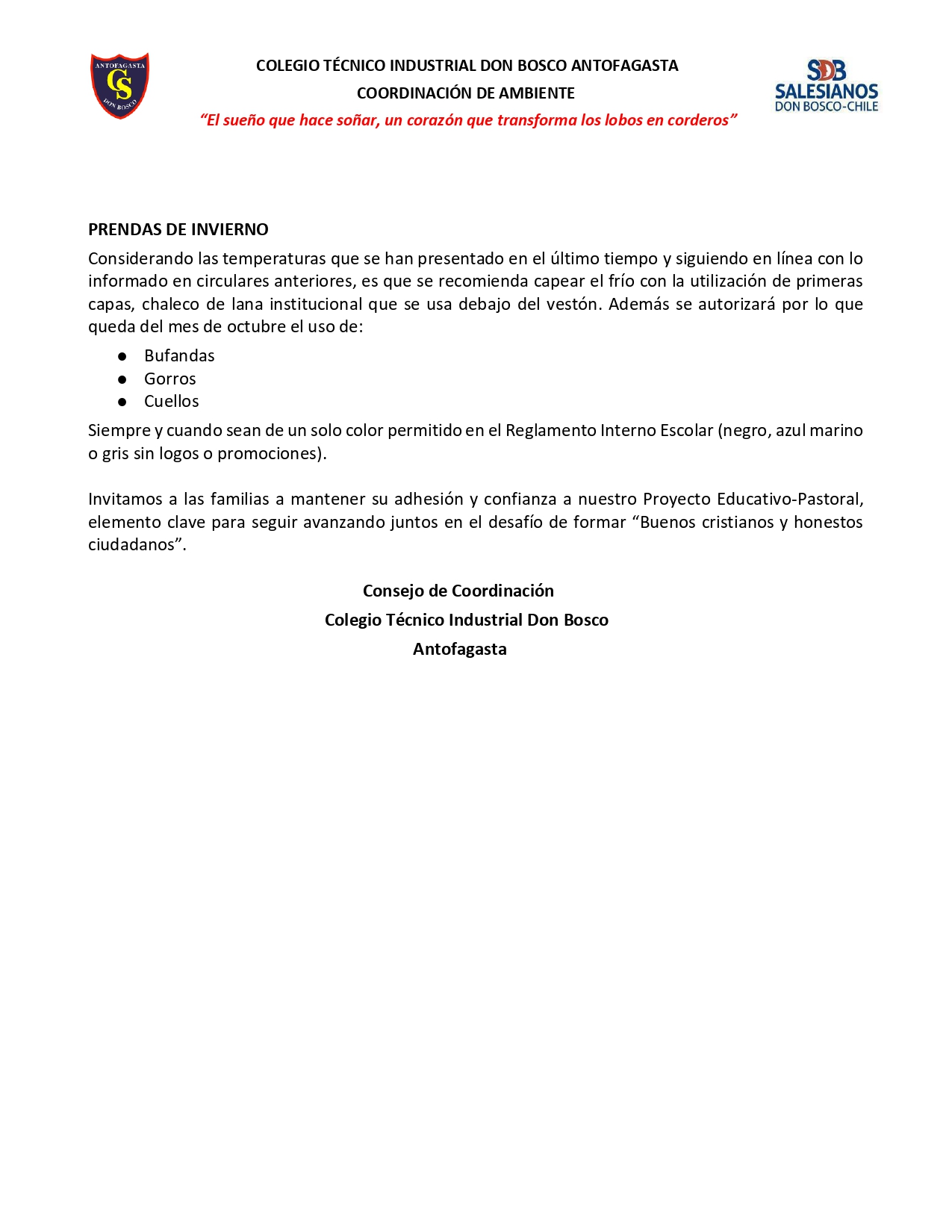 Circular 17 2024 QUE INFORMA CAMBIO DE ACTIVIDADES PEDAGÓGICAS MIÉRCOLES 16 DE OCTUBRE POR CELEBRACIÓN DEL DÍA DEL EDUCADOR SALESIANO INFORMACIÓN PROCESO ELECTORAL REGIONAL PRENDAS DE INVIERNO page 0002