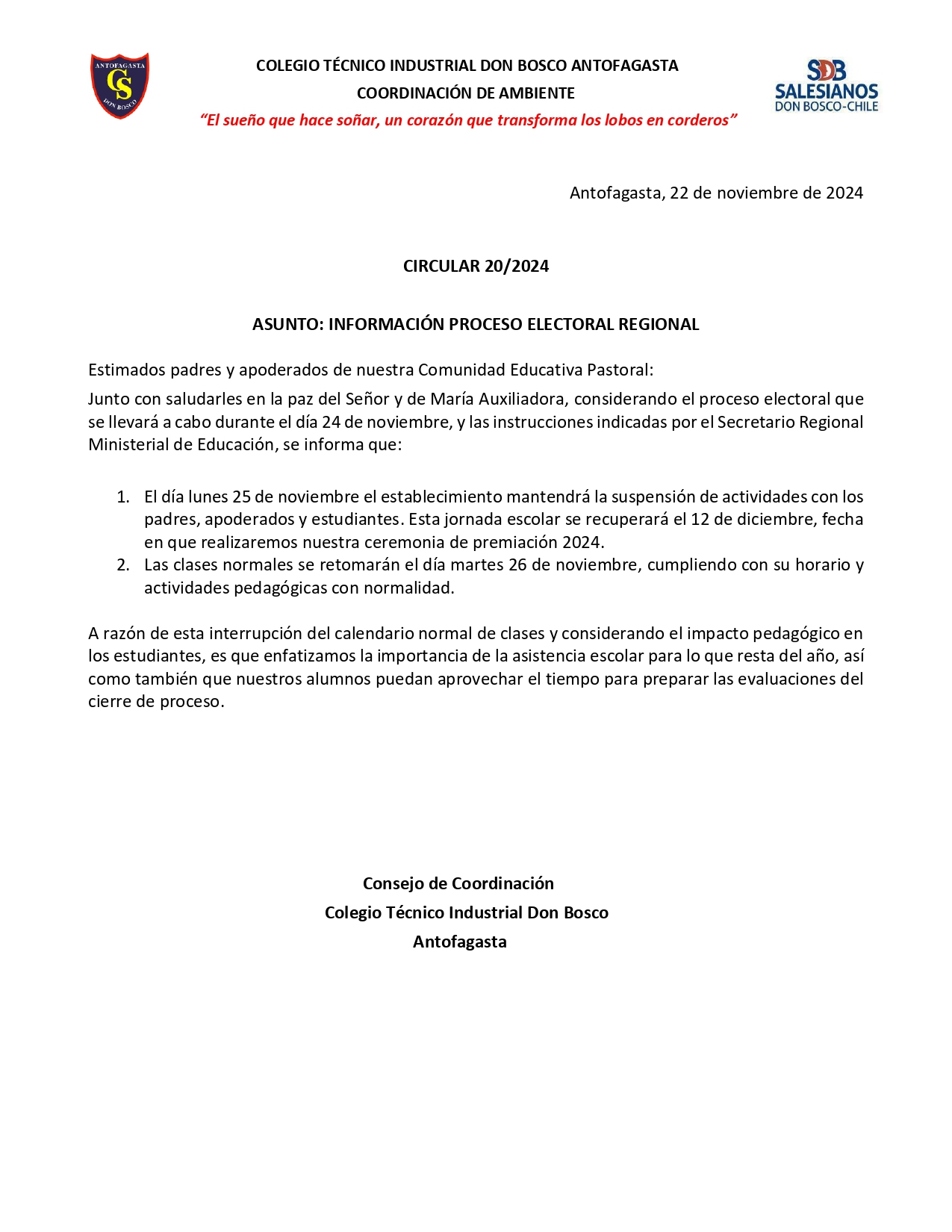 Circular 20 2024 informa cambio de actividades del día lunes 25 de noviembre por proceso eleccionario regional page 0001